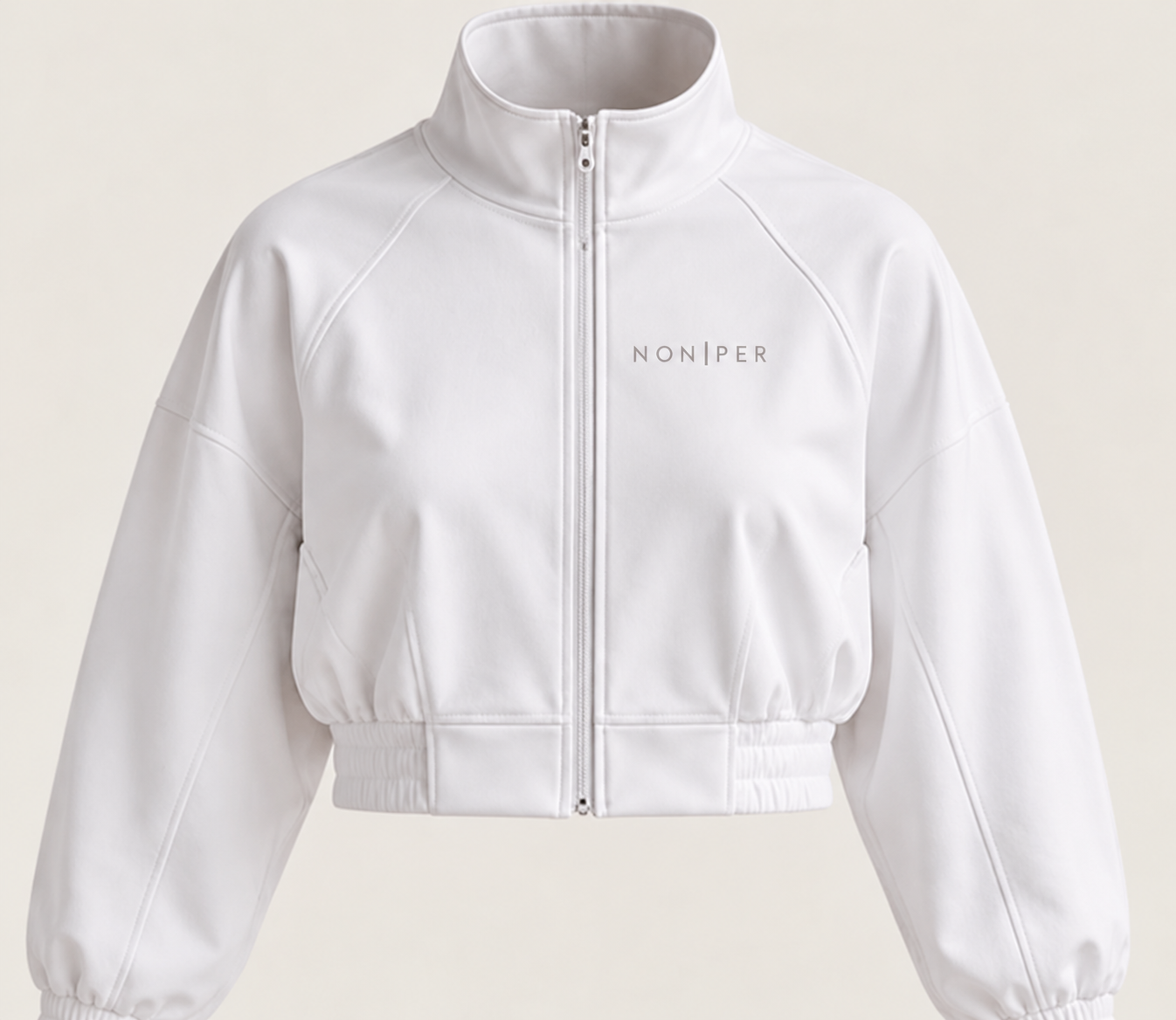 White cropped funnel-neck Line Jacket with NON | PER on the left chest