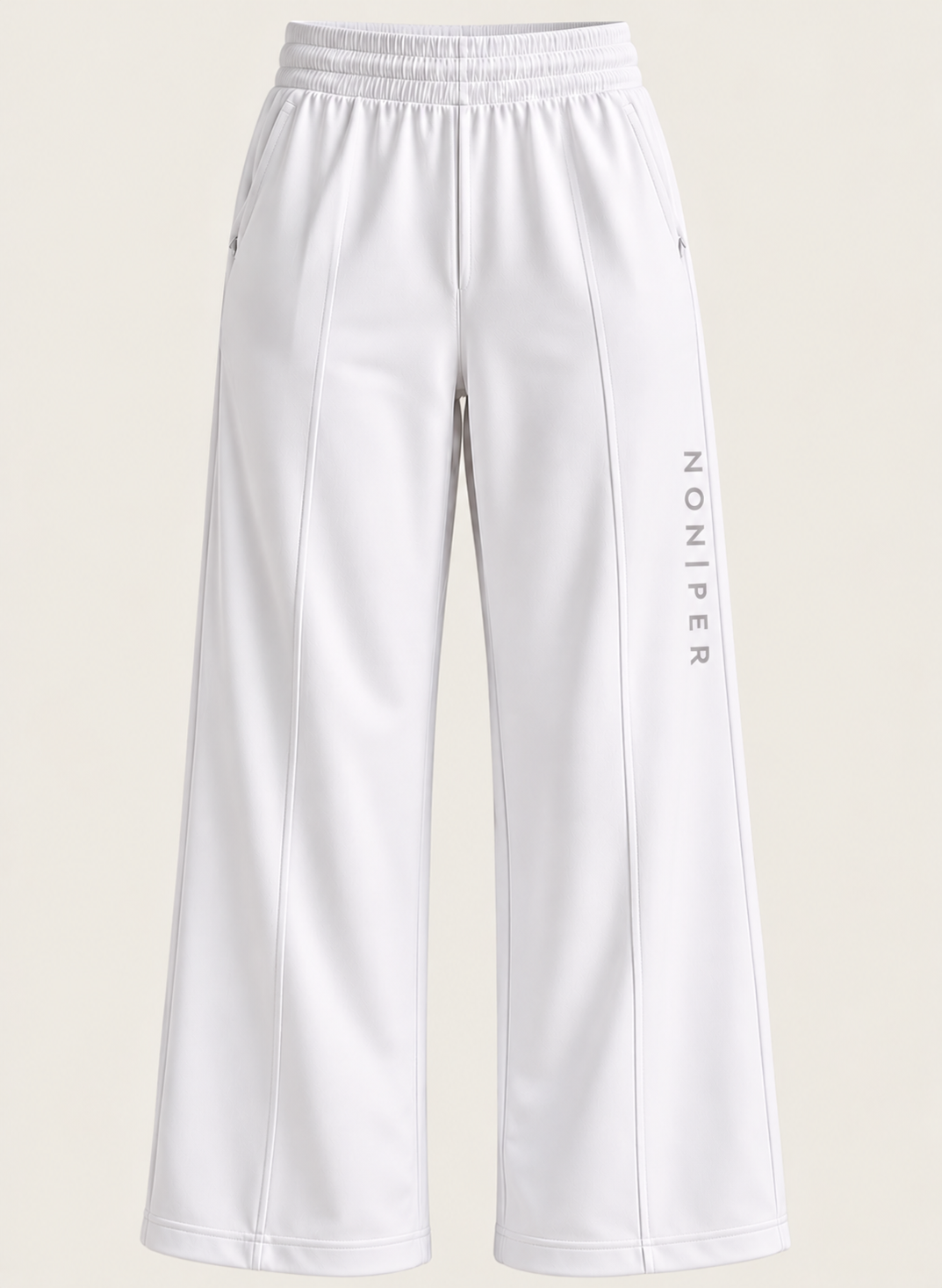 White Wide Leg pant with NON | PER running down the left leg